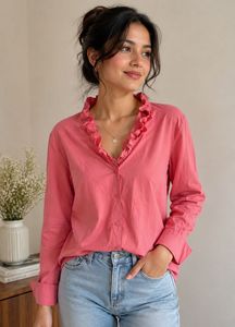 Coral Pink Ruffled Button-Up Top