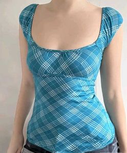 Blue Plaid Square Neck Top