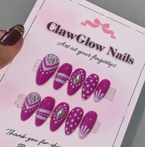 Garba Press-On Nails - Pink with White Designs