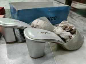 Elegant Silver shining Block Heel Mules