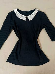 Black Ribbed Top with Crochet Collar