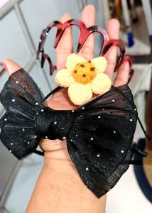 three piece combo Black Bow Hair band with Flower