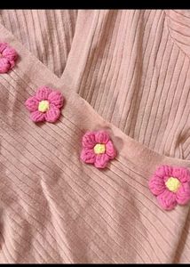 Chic Pink Ribbed Top with Floral Accents