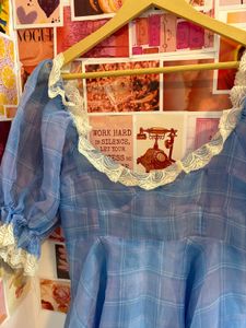 Blue Plaid Mini Dress with Lace Trim