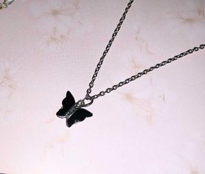 Delicate silver chain Black Butterfly Pendant Neck