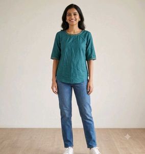 Teal Green Embroidered FabIndiaTop with tag