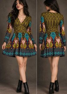 Boho Print Long Sleeve V-Neck Dress