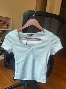 Cute Light Blue Lace Trim Crop Top