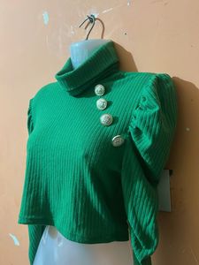 Green Ribbed Turtleneck Top