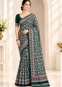 Green Saree with Red Floral Print