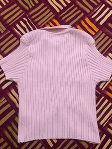 Cute Pink Ribbed Collared Crop Top
