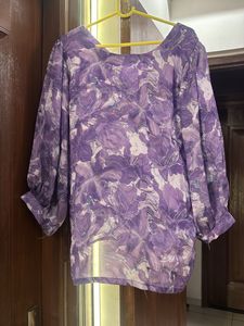 Purple Floral Print Puff Sleeve Top