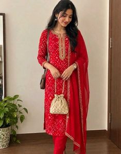 Vibrant Red Bandhani Kurta Set with Dupatta