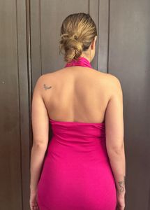 Hot Pink Halter Neck Cutout Ruched Dress