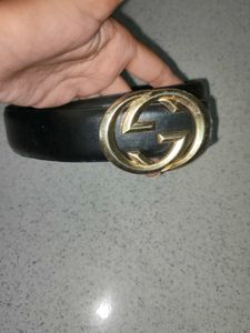 Designer Black Leather Belt with Gold Buckle