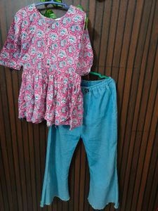 Stylish Pink Printed Kurta with Blue Pants