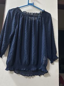 Mango Navy Blue Smocked Top