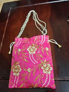 Vibrant Pink Embroidered Drawstring Pouch