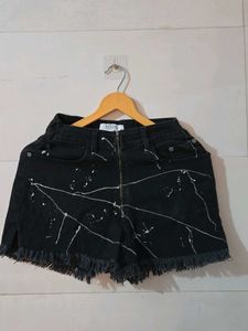 Black Distressed Denim Shorts with White Splatter