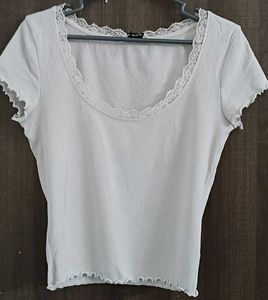 Cute Lace Trim Ribbed Cropped Top