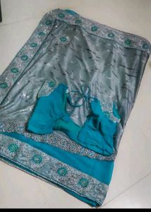 Elegant Grey & Teal Embroidered Saree