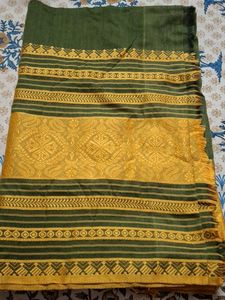 Green & Gold pure  begampuri khadi cotton saree wi