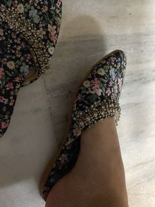 Floral Print Embellished Slip-on Sandals