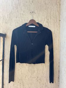 Black Ribbed Cropped Button-Up Shirt