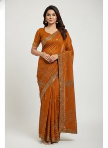 Orange Embroidered Saree Fabric
