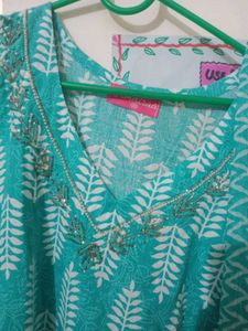 Teal Leaf Print Kurta Set with Dupatta