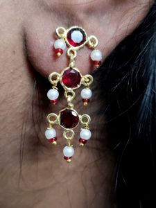 Elegant Red Gem & Pearl Dangle Earrings