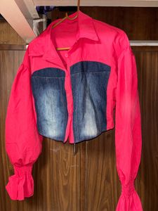 Pink & Denim Cropped Button-Up Shirt