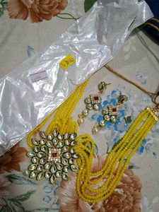 Yellow Beaded Necklace Set with Earrings