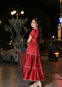 Elegant Red Tiered Satin Dress