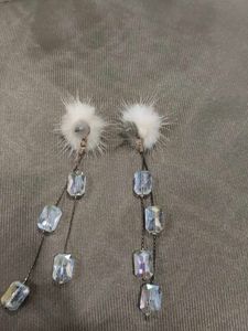White Fur &amp; Crystal Drop Earrings
