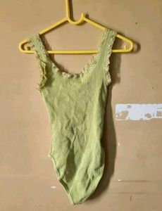 Green Ribbed Bodysuit with Lace Trim