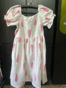 White Cotton Dress with Pink Leaf Print