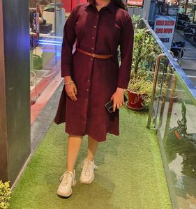 Maroon Button-Down Midi Dress with Belt