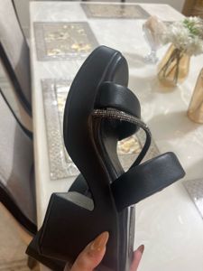 Black Platform Block Heels with Rhinestone Straps