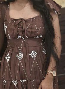 Brown Tiered Maxi Dress with Floral Embroidery