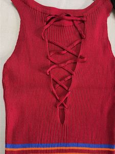 Ribbed Striped Lace-Up Dress