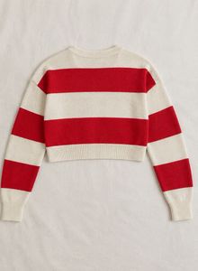 Red n White Striped Cropped Sweater with Graphic