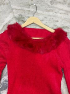 Chic Red Faux Fur Trimmed Sweater Dress