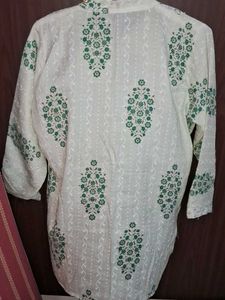 Elegant White short Kurta with Green Floral Print