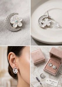 Crescent Moon &amp; Flower Stud Earrings