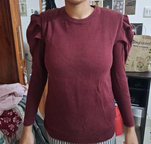 Maroon Puff Sleeve Knit Sweater