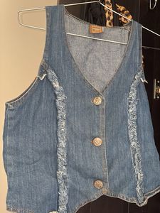 Blue Denim Vest with Fringed Details