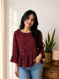 Quiero Maroon Ditsy Print Sheer peplum Top