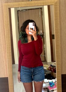 Maroon Ribbed Lettuce Hem Top