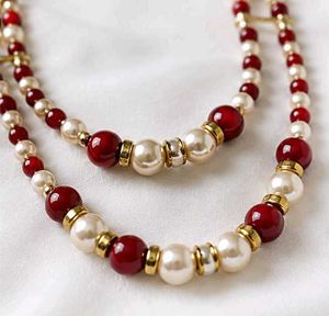 Elegant Pearl &amp; Red Beaded Necklace